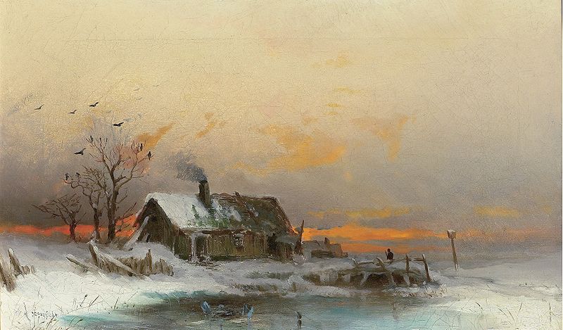 Winter picture with cabin at a river